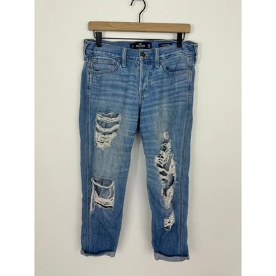 Pantalones de mezclilla Hollister de tiro bajo Boyfriend para mujer talla 7R W28 L25 azul rasgado envejecido Foto 1 de 4