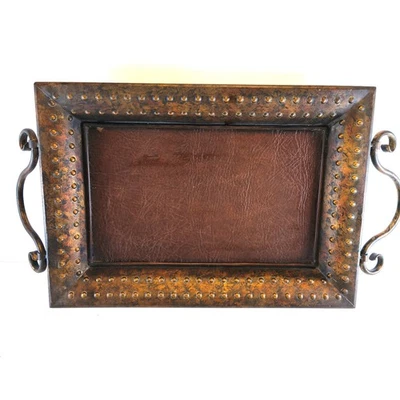 Vintage Metal w/Handles Leather Bottom Aged Copper Finish Design - Home Decor - Image 1 of 4