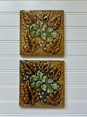Antique English Subway Tile Green Floral & Brown Leaves/Background - Image 1 of 4