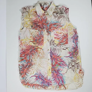 Top donna CABI medio multicolore disegno piuma seta senza maniche con bottoni - Foto 1 di 8
