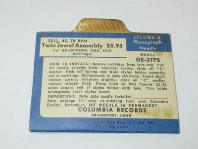 Aguja joya Columbia GE-3TPS 33/45/78 RPM para cartucho GE RPX-050A-052A y 053A Foto 1 de 3
