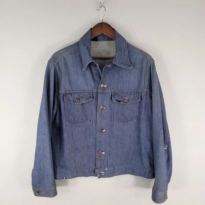 Vintage Roebucks Denim Jacket Mens Large Blue Trucker Selvedge Distressed Sears - Image 1 of 4