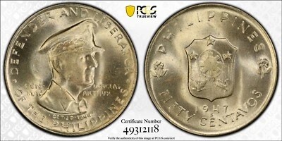PCGS MS66 1947-S Allen R1a DDO MacArthur 50 Centavos Scarce Doubled Die Obverse - Image 1 of 3