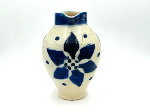 Vintage Salt Glazed Stoneware Pitcher Cobalt Blue Hand Thrown 8" x 6.5" - Picture 1 of 8