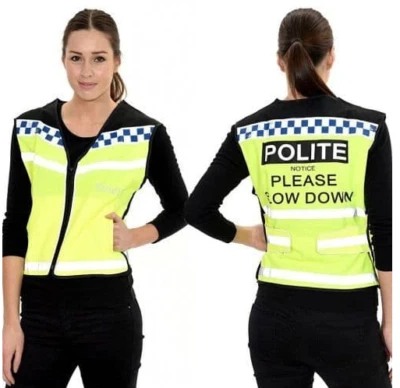 Equisafety leichte höfliche reflektierende Hi-Vis Weste bitte langsamer S-XXL