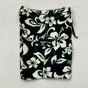 VTG Quicksilver Hawaiian Black Floral Surf Board Shorts Swim Trunks Youth Boy 28 - Picture 1 of 8