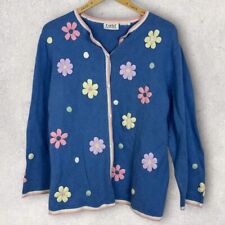 Vintage Granny Core Sweater Embroidered Floral Cardigan Knit Blue Pastel Size XL
