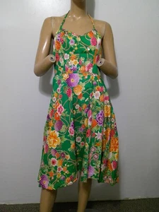 Vtg 50s Pin Up Rockabilly Halter Dress Sundress Built in Bra Shirred Back 16 EVC - Picture 1 of 15