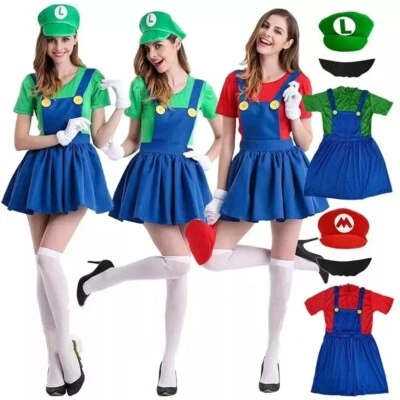 Women Mario Luigi Costume Super Plumber Bros Halloween Party Fancy Dress Outfit+