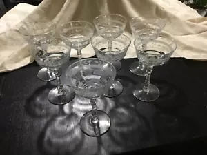 8 Libbey Rock Sharpe Coupe Liquor Champagne Tall Sherbet Glasses Engraved Floral - Picture 1 of 3