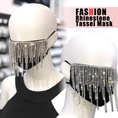 Rhinestone Bling Face Mask Mesh Jewelry with Metal Tassels For Women - Image 1 of 4