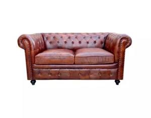 Handmade Vintage Leather Two 2 Seater Lobby Sofa for Office Hotel Living Room - Picture 1 of 3