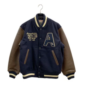 AVIREX Varsity Jacket NEW YORK Patch Sleeve Leather Men's Size M Navy Brown USED - Picture 1 of 10