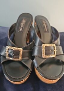 Brighton Womens Black Leather Cork Platform Heel Sandals Gold Buckle 6.5M