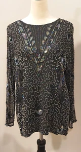 Black Silk Sequin and Bead Long Sleeve Cut Out Back Top READ!! - Picture 1 of 11