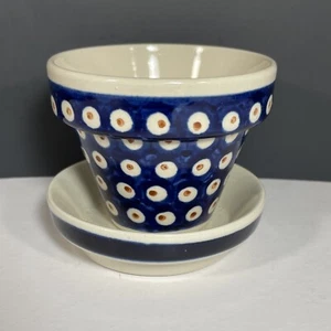 Polish Pottery Small Flower Pot w/ Saucer Handmade Boleslawiec Poland 3”H 3.5"W - Picture 1 of 14
