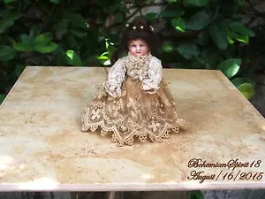 ANTIQUE GERMANY 4297/M BISQUE GIRL JOINTED ARMS HUMAN HAIR MINIATURE 4'' DOLL - Picture 1 of 9