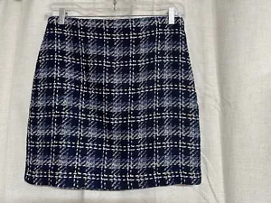 BOSTON PROPER blue gold tweed plaid straight pencil skirt sz 10 - Picture 1 of 5