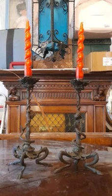 Candelabri Liberty fine '800 in Bronzo Serpente e Topo su Tralcio Di Vite - Immagine 1 di 4