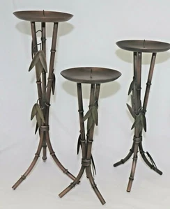 VINTAGE CANDLE HOLDERS STANDS SET OF 3 COPPER WITH BAMBOO DECOR - Bild 1 von 8