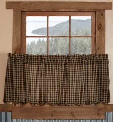 Juego de cortinas de café festoneadas a cuadros negros y tostados de 24" L rústicas primitivas para ventanas Foto 1 de 4