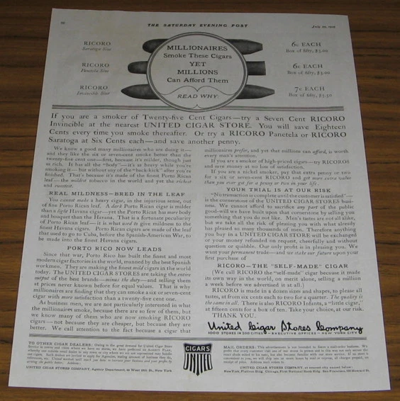 Anuncio vintage de 1916 United Cigar Stores Company Ricoro Saratoga, Panetela, Invincible Foto 1 de 1