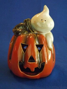 Vintage Ceramic Pumpkin and Ghost Tealight Candle Holder Halloween Decor - Picture 1 of 4