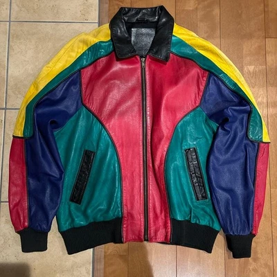 North Beach Leather Vintage Multicolor Leather Jacket Size 44  BOMBER Jacket - Image 1 of 4