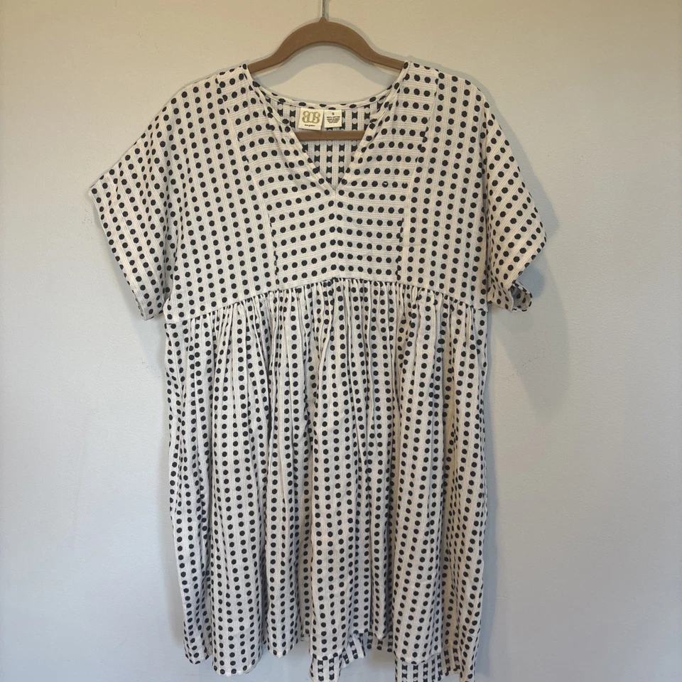 Vestido túnica feminino BB Boo Gemes preto branco bolinhas shift pequeno algodão boho - Imagem 1 de 4