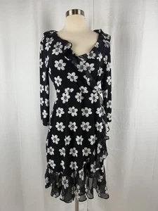 Tommy Hilfiger Women's Ruffle Dress Size 6 Black Floral Faux Wrap Midi Belt Lace - Picture 1 of 12