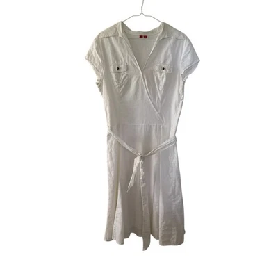 Esprit Y2K Flax Linen Cotton Midi Dress Size 12 White A-Line V Neck Crossover - Image 1 of 4