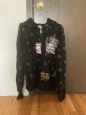 Sudadera con Capucha Negra Parche Serpiente y Calavera con Cremallera Ed Hardy Originals Talla L Nueva con Etiquetas 🔥💎 Foto 1 de 4