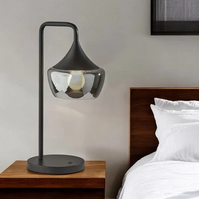 20" Black Metal Table Lamp With Black Metal And Smoked Glass Shade - Image 1 of 4
