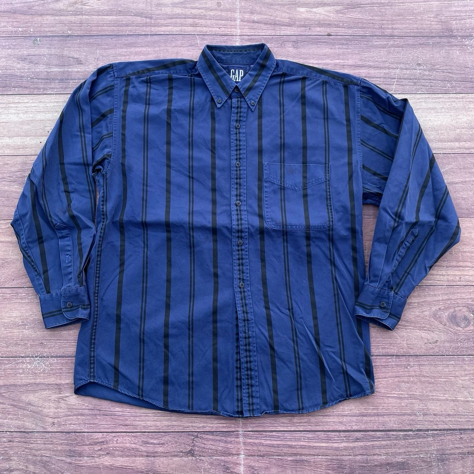 Camisa masculina tripla azul manga longa vintage anos 90 Gap listrada vertical botão para cima M - Imagem 1 de 4
