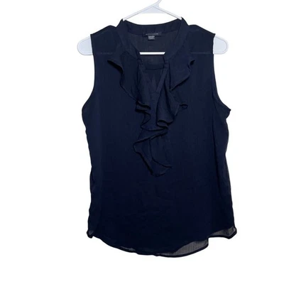 Tommy Hilfiger 女式中号海军蓝 V 领荷叶边无袖纯色背心 — 第 1/4 张图片