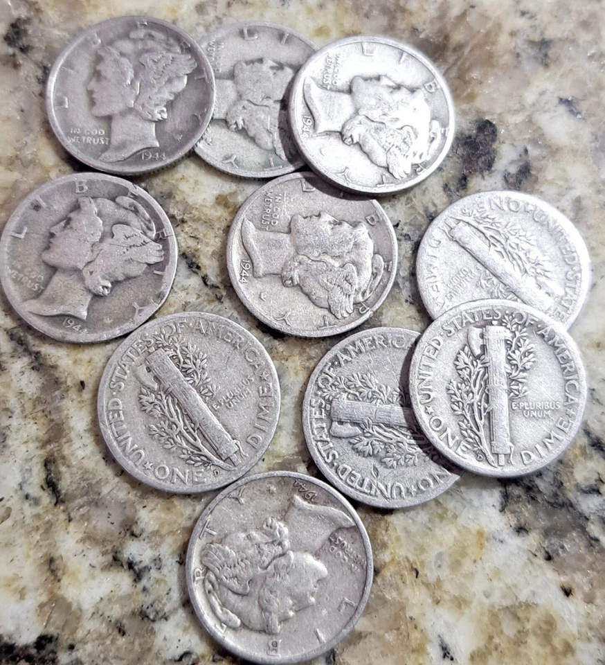 HIGH GRADE 1944-D Mercury Silver Dimes - Lot of 10 each G-VG Condition - Image 1 of 1