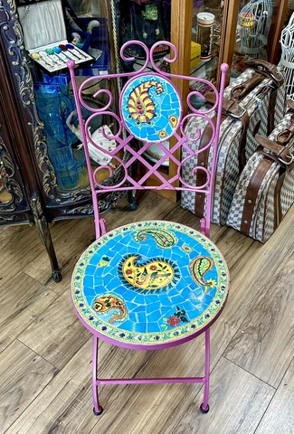 Vintage Pink Colorful Mosaic Tile Wrought Iron Foldable Chair / Very Sturdy Cover