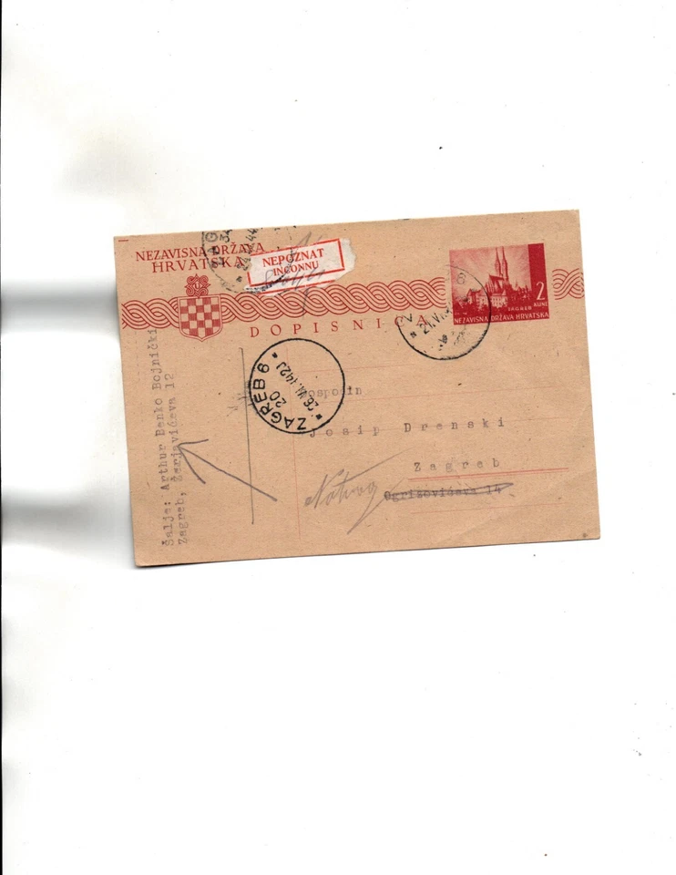 Tarjeta postal de Croacia 1942 etiqueta devuelta al remitente Foto 1 de 1