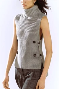 ZARA GREY HIGH NECK BUTTONED KNIT VEST SIZE S UK 6 8 - Picture 1 of 19