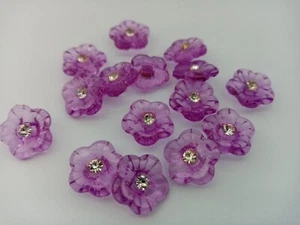 10 Purple Flower Buttons with Rhinestone 15mm (5/8") Low Shank Floral Buttons - Picture 1 of 2