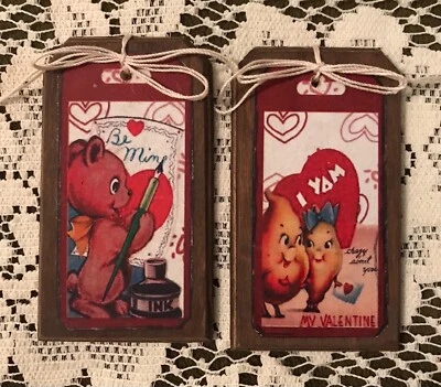5 NOVOS Enfeites de Madeira Artesanais RETRO VALENTINE / Pendurar Etiquetas / Conjunto de Etiquetas de Presente #1 - Imagem 1 de 4