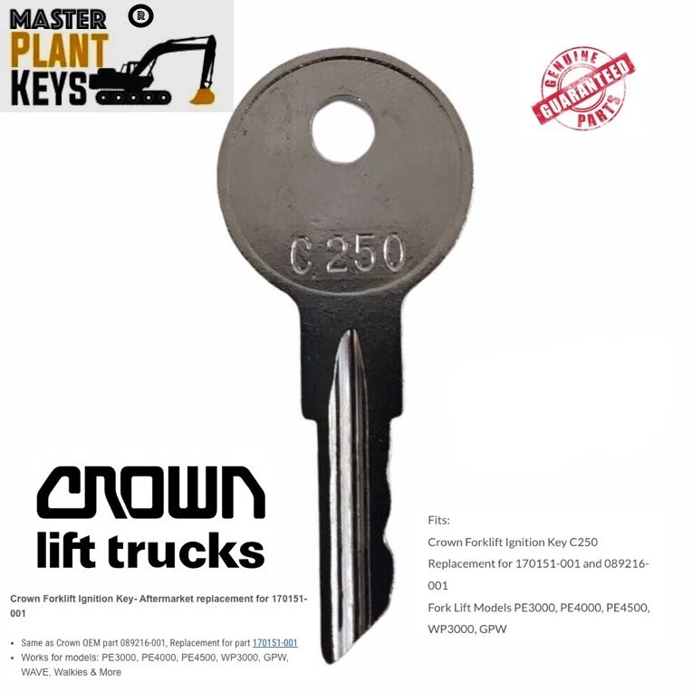 Crown Forklift Ignition Master Key C250 - 089216-001 replacement for 170151-001