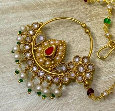 Gold tone non pierced polki, pearl bead nose rings with chain free shipping Foto 1 de 2