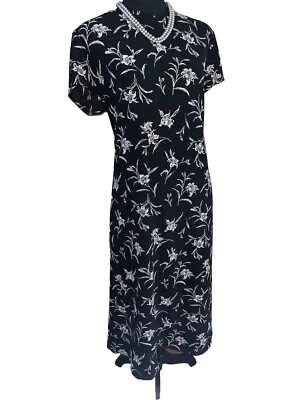 "Vestido Rena Rowan negro floral midi vestido de carrera talla 16 vintage busto años 80 43""" Foto 1 de 4