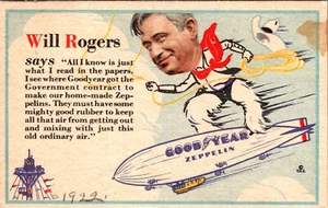 WILL ROGERS RIDING THE GOODYEAR BLIMP ANDERSON MISSOURI OLD ADVERTISING POSTCARD - Bild 1 von 2