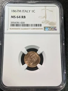 1867 M MS64 RB Italy Centesimo Vittorio Emanuelle II Milan NGC KM 1.1 UNC - Picture 1 of 4