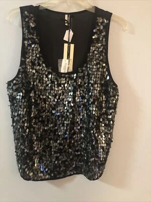 Top Shop Black Tank With Grey Teardrop Metallic Sequin Size 12 NWT - Image 1 of 4