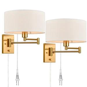 Farmhouse Plug in Wall Sconces Set of Two Brass Swing Arm Wall Lamp Fabric Shade - Picture 1 of 11