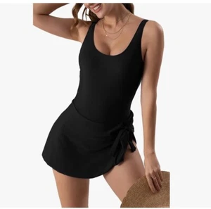 NWT SIZE LARGE BLACK Eomenie 1 Piece Swim dress Swimsuits for Women Tummy Contro - Picture 1 of 7