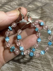 Handgefertigte Perlen Creolen - Rosa, Türkis & Silberperlen - Bild 1 von 3